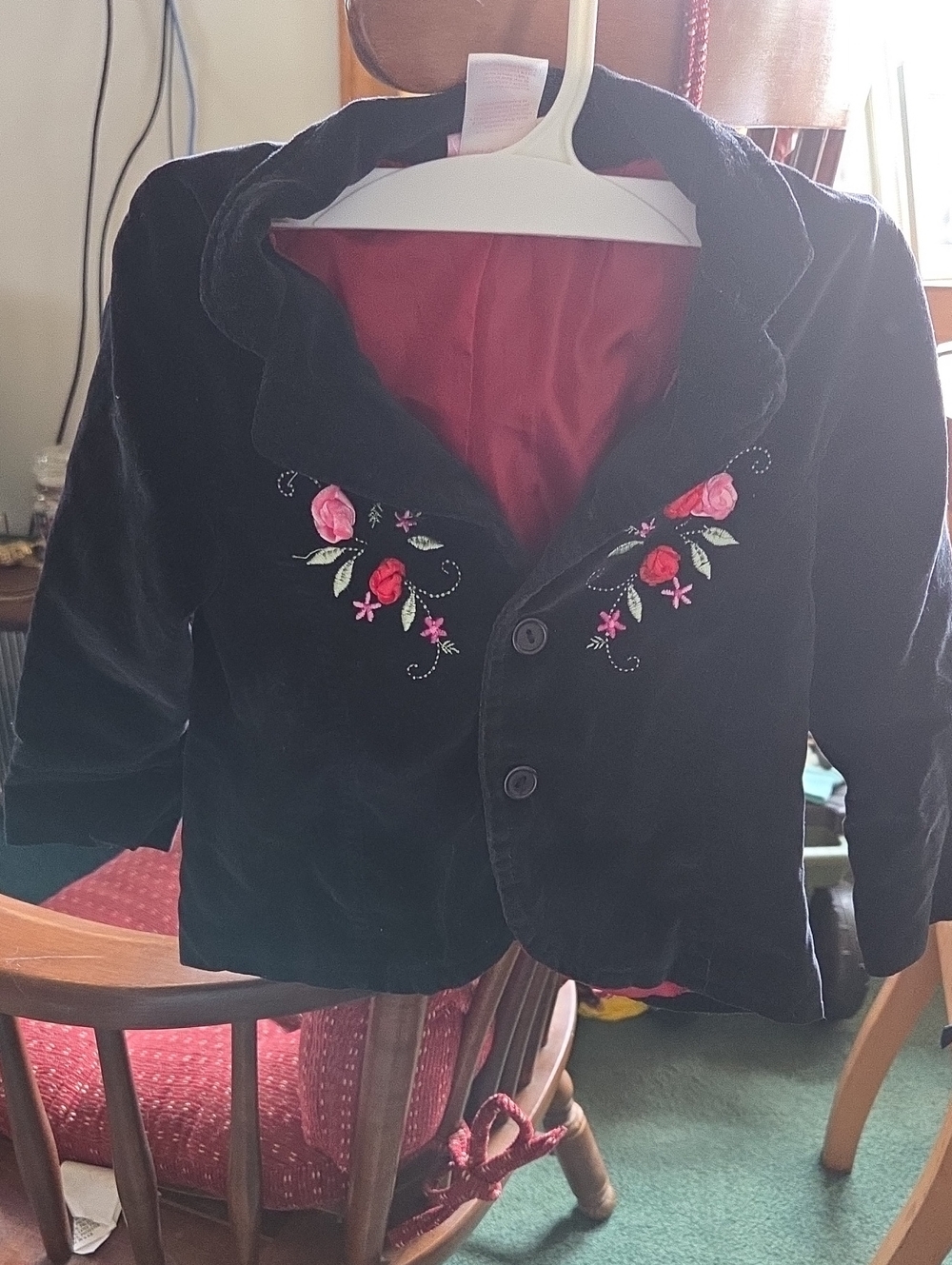 Nannette Black Velvet Jacket with Pink Floral Embroidery